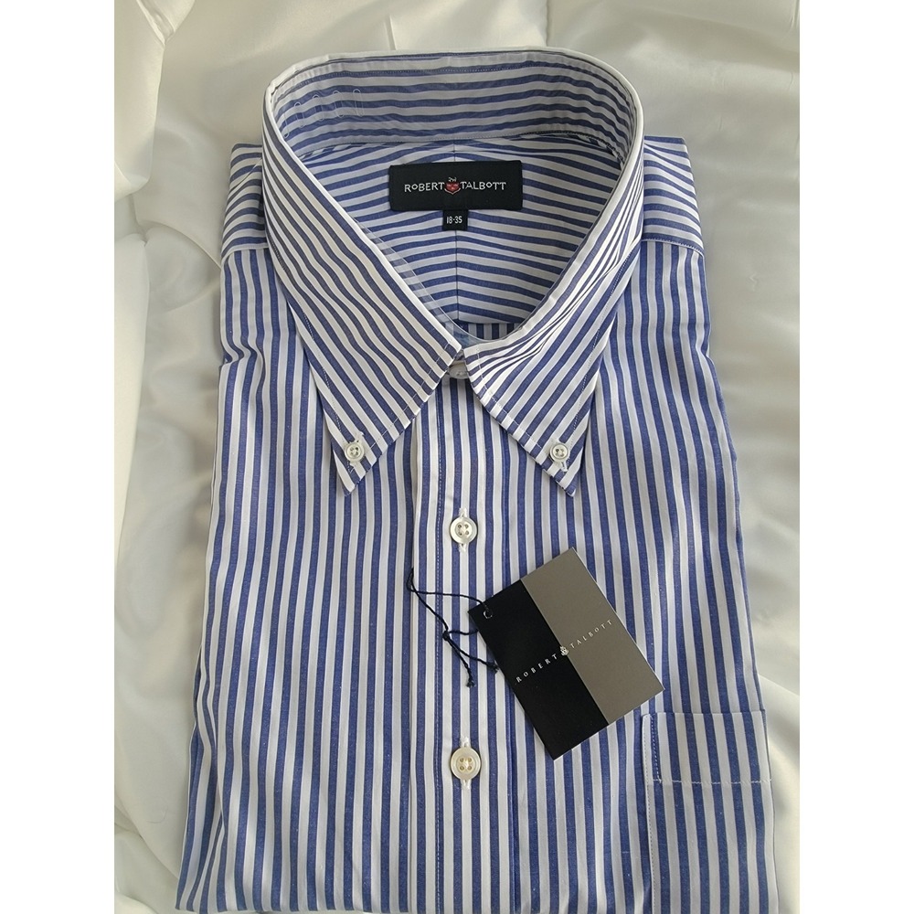Robert Talbott 75th Anniversary Shirt 18 35 Made in USA Bengal Stripe Blue NWT
